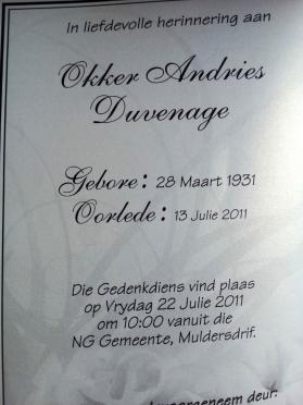 DUVENAGE-Okker-Andries-1931-2011-M
